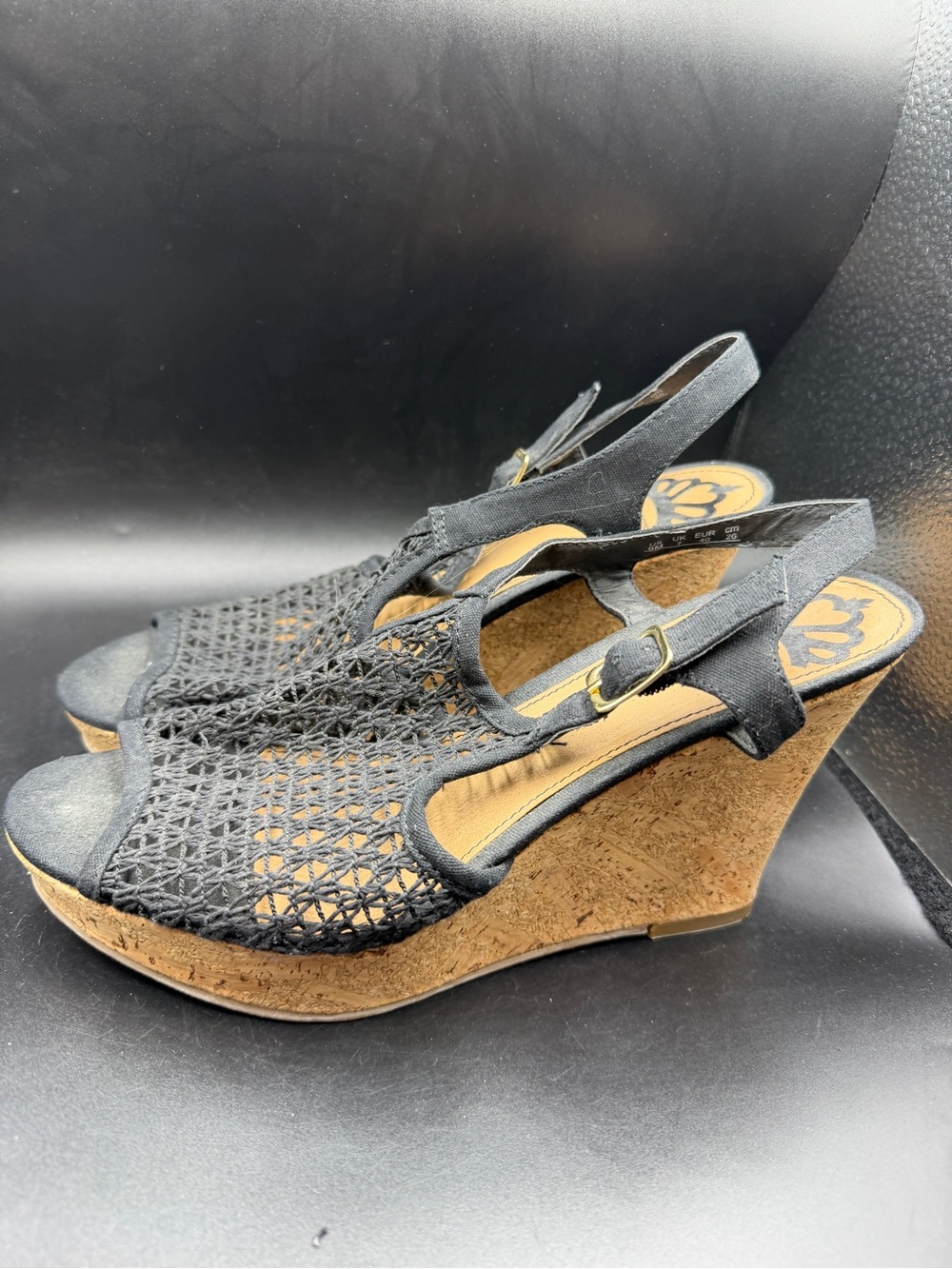Fergalicious Black Woven Slingback Cork Wedge Sandals
